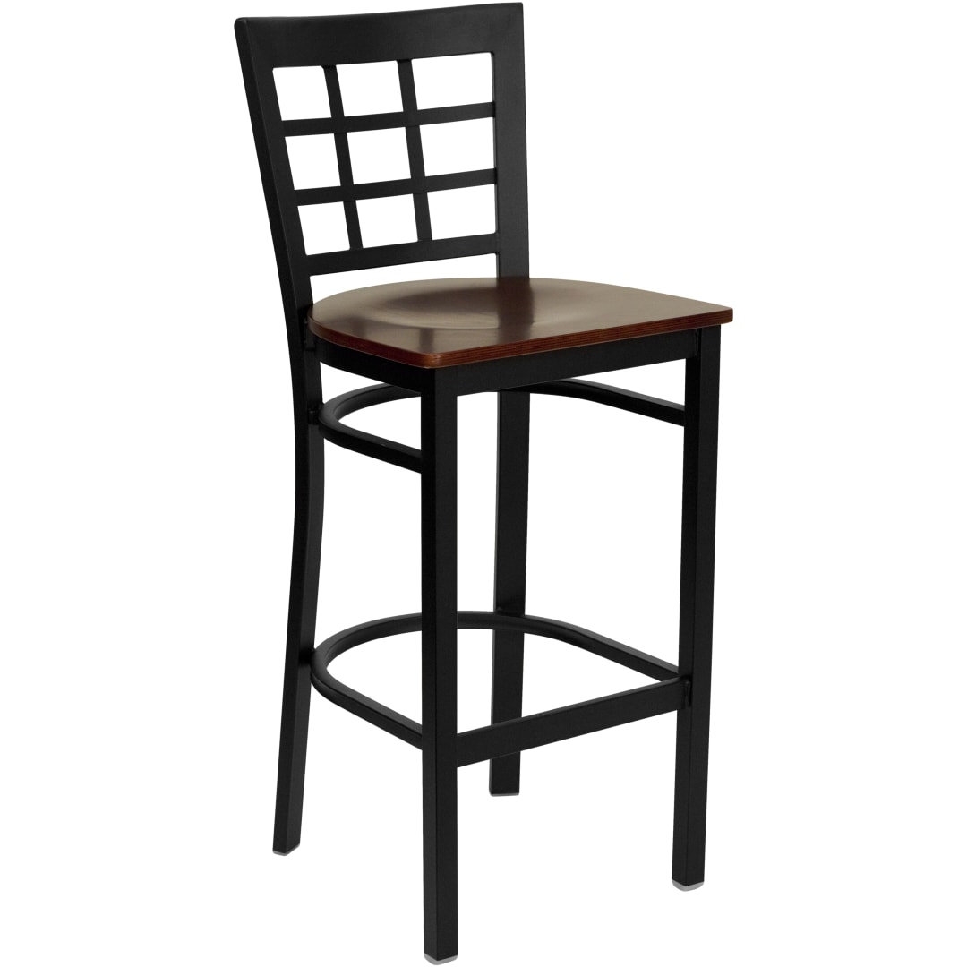 HERCULES Series Black Window Back Metal Restaurant Barstool - Mahogany Wood Seat