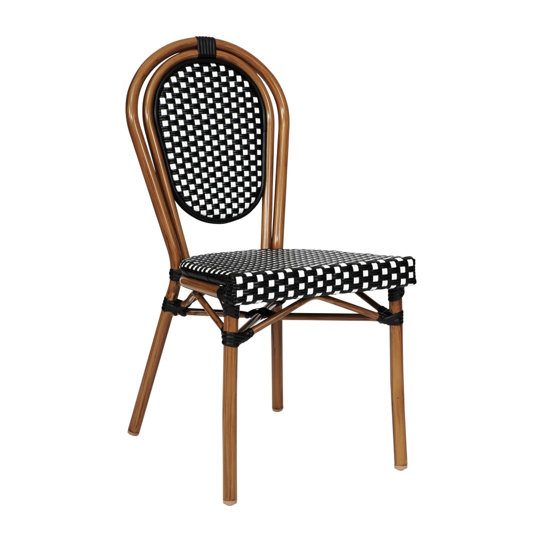 Lourdes Indoor/Outdoor Commercial Thonet Bistro Stacking Chair, Black and White PE Rattan and Bamboo Print Aluminum Frame in Natural