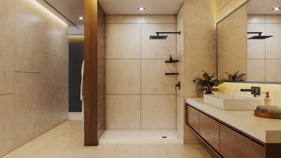 DreamLine SlimLine 32 inch D x 60 inch W x 2 3/4 inch H Single Threshold Biscuit Alcove Shower Base with 2 inch Matte Black Right Round Drain