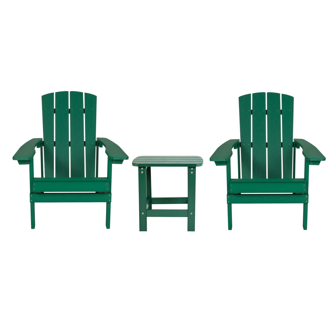 2 Pack Charlestown Commercial All-Weather Poly Resin Wood Adirondack Chairs with Side Table in Green