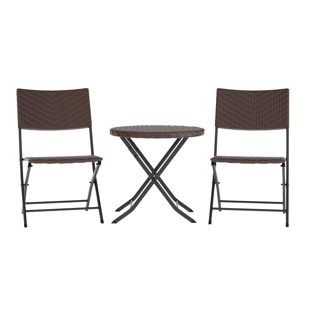Rouen Three Piece Commercial Grade Foldable Bistro Set, Indoor/Outdoor PE Rattan Back, Seat and Table Top, Brown with Black Steel Frames