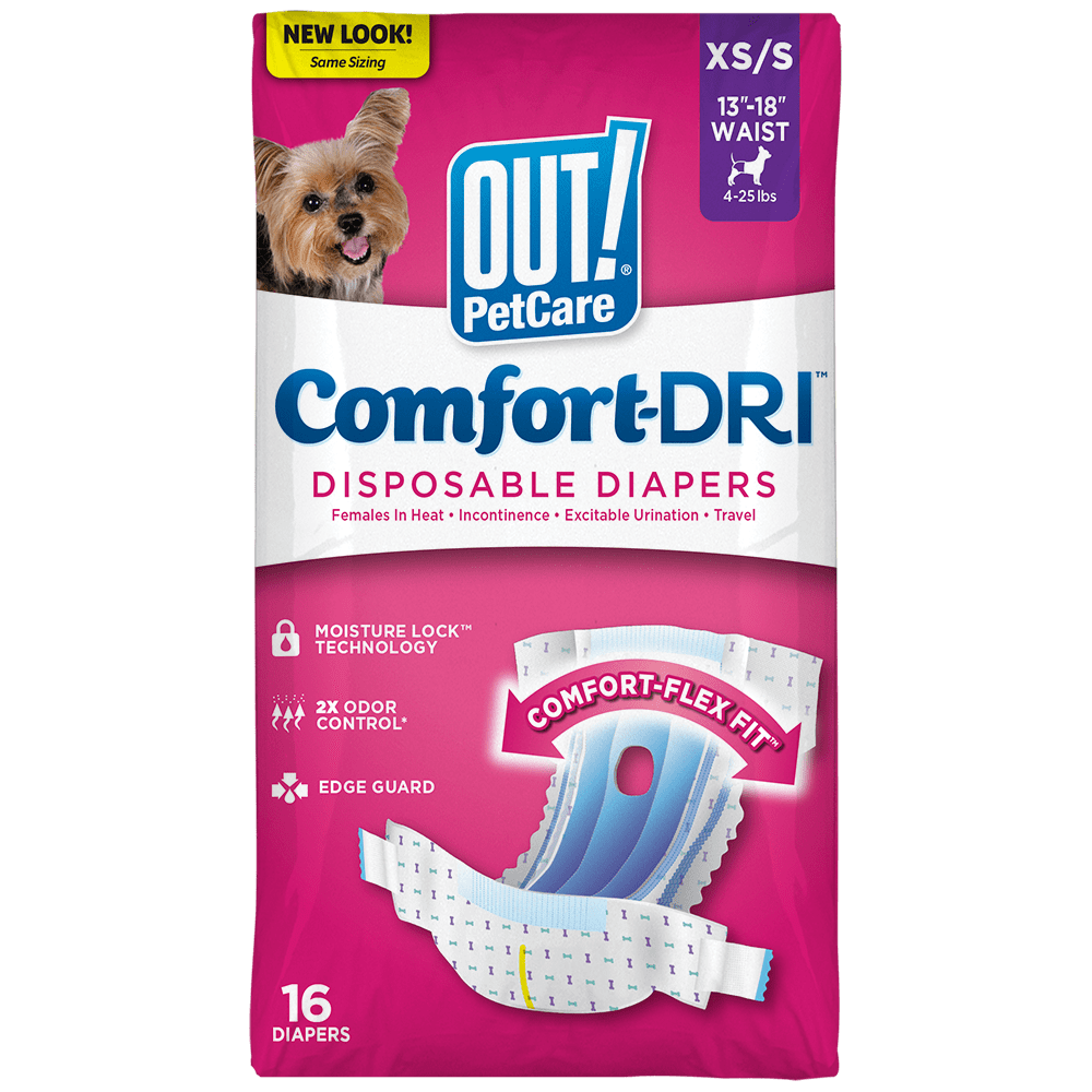 OUT! Pet Care Disposable Female Dog Diapers - Absorbent with Leak Proof Fit - XS/Small (Waist 13-18in) - 16 Count