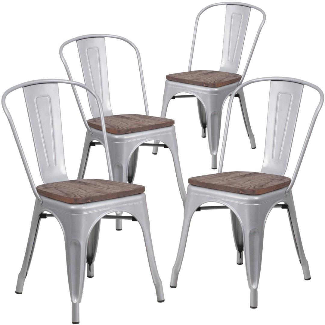Luke 4 Pack Silver Metal Stackable Chair with Wood Seat