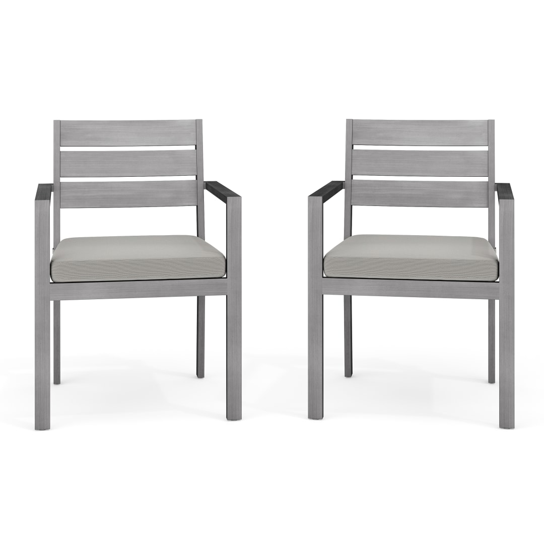 Bedford Set of 2 Indoor-Outdoor Stackable Patio Dining Armchairs with Gray Brushed Woodgrain Aluminum Finish and Gray All-Weather Seat Cushions