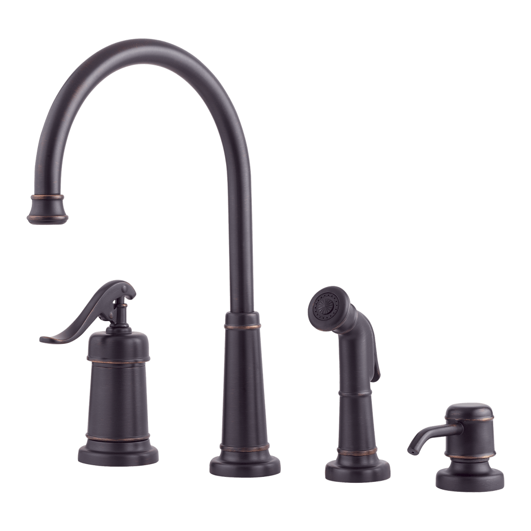 Ashfield 1-Handle Kitchen Faucet with Side Spray & Soap Dispenser in Tuscan Bronze