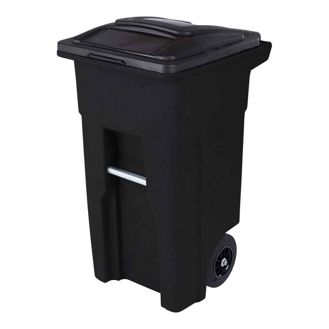 32 Gal. Black Trash Can with Quiet Wheels and Attached Black Lid