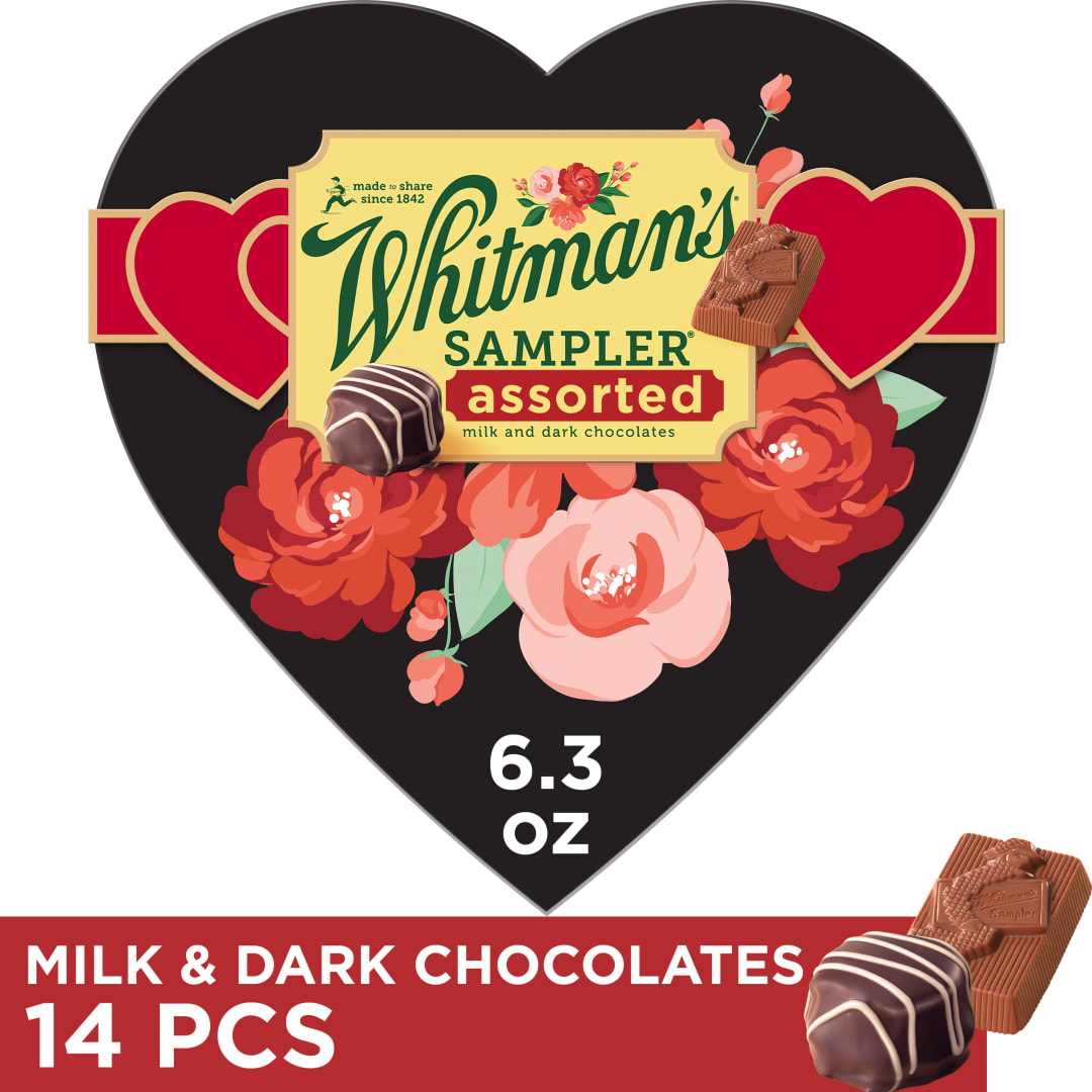 WHITMAN'S SAMPLER Valentine's Day Floral Heart Assorted Milk &amp; Dark Chocolate Candy Gift Box, 6.25 oz.