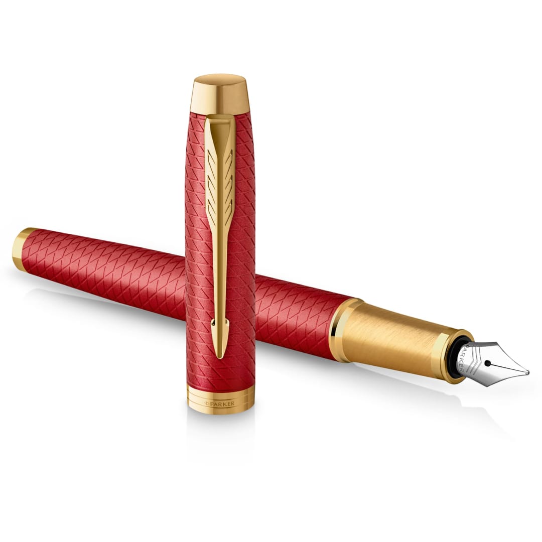Parker IM Fountain Pen | Premium Red Lacquer with Gold Trim | Fine Point with Blue Ink Cartridge | Gift Box