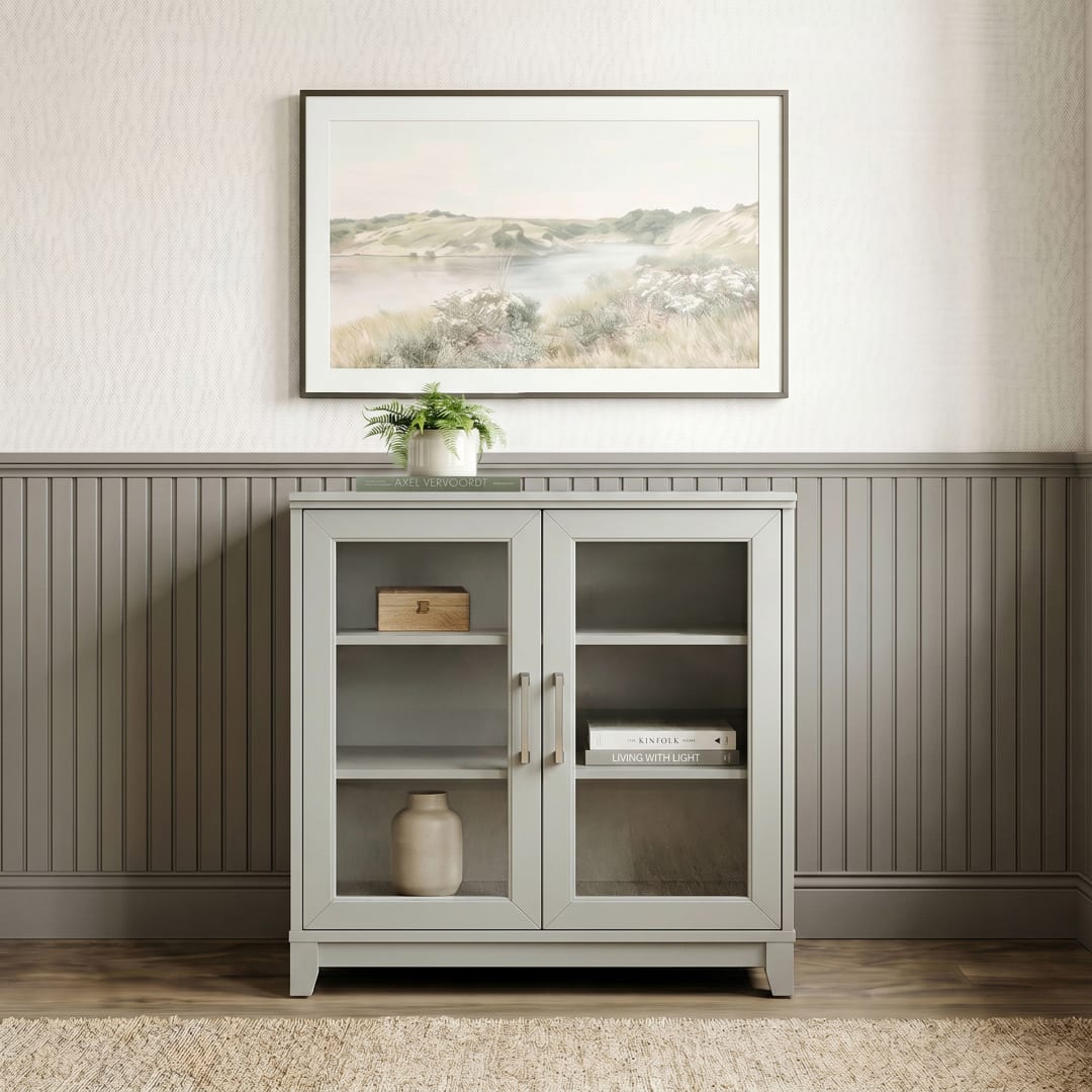 Bedford Modular Shaker Storage Cabinet, Glass Soft-Close Doors, Brushed Stainless Steel Hardware, Adjustable Shelf, Solid Wood Frame/Legs, Bedford GY