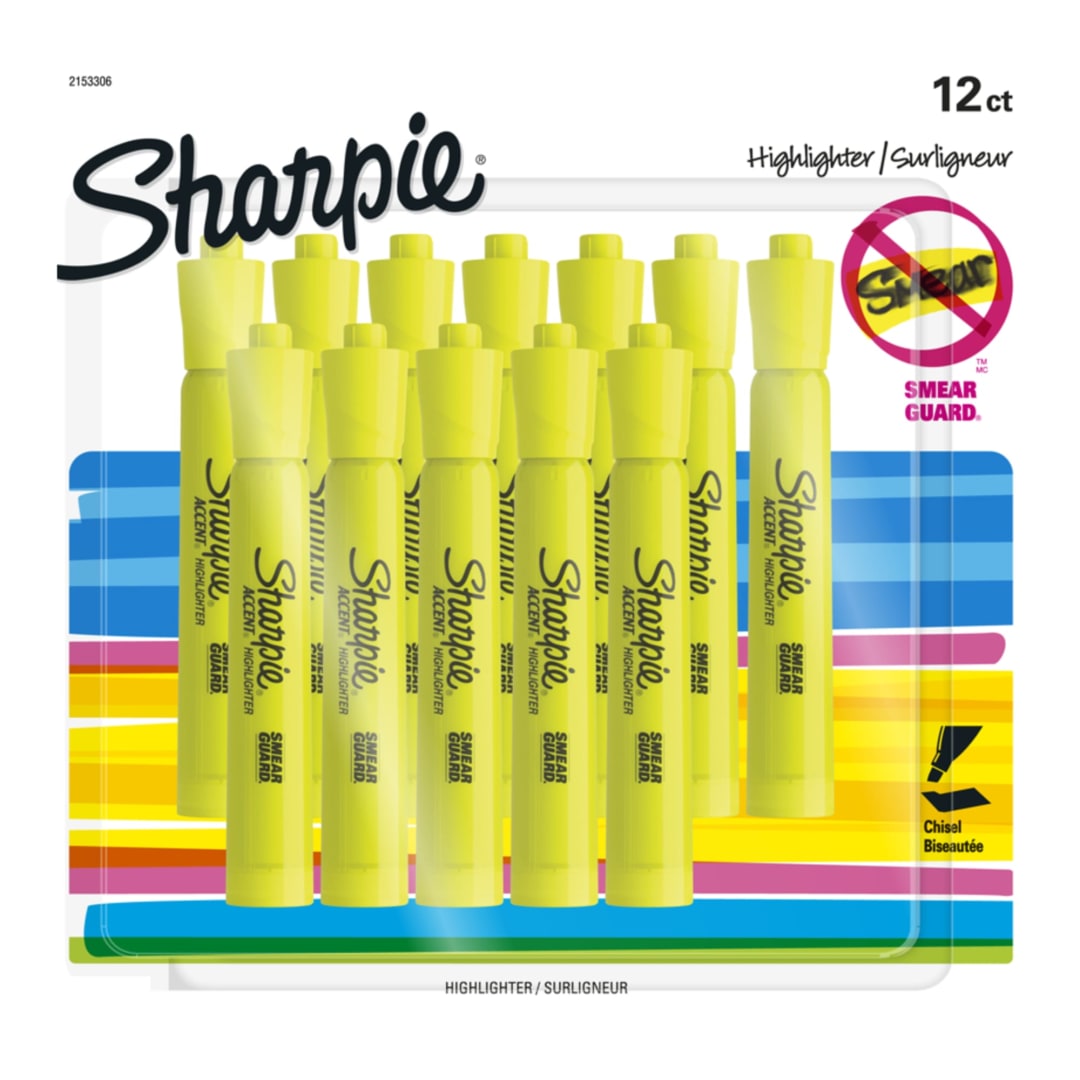 Sharpie® Tank Style Highlighters, Chisel Tip, Fluorescent Yellow, 12 Count