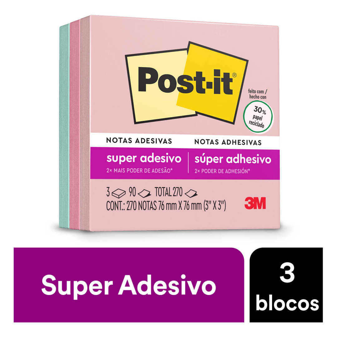 Bloco de Notas Super Adesivas Post-it®, Coleção Paixão por Viajar, 76 mm x 76 mm, 3 Blocos