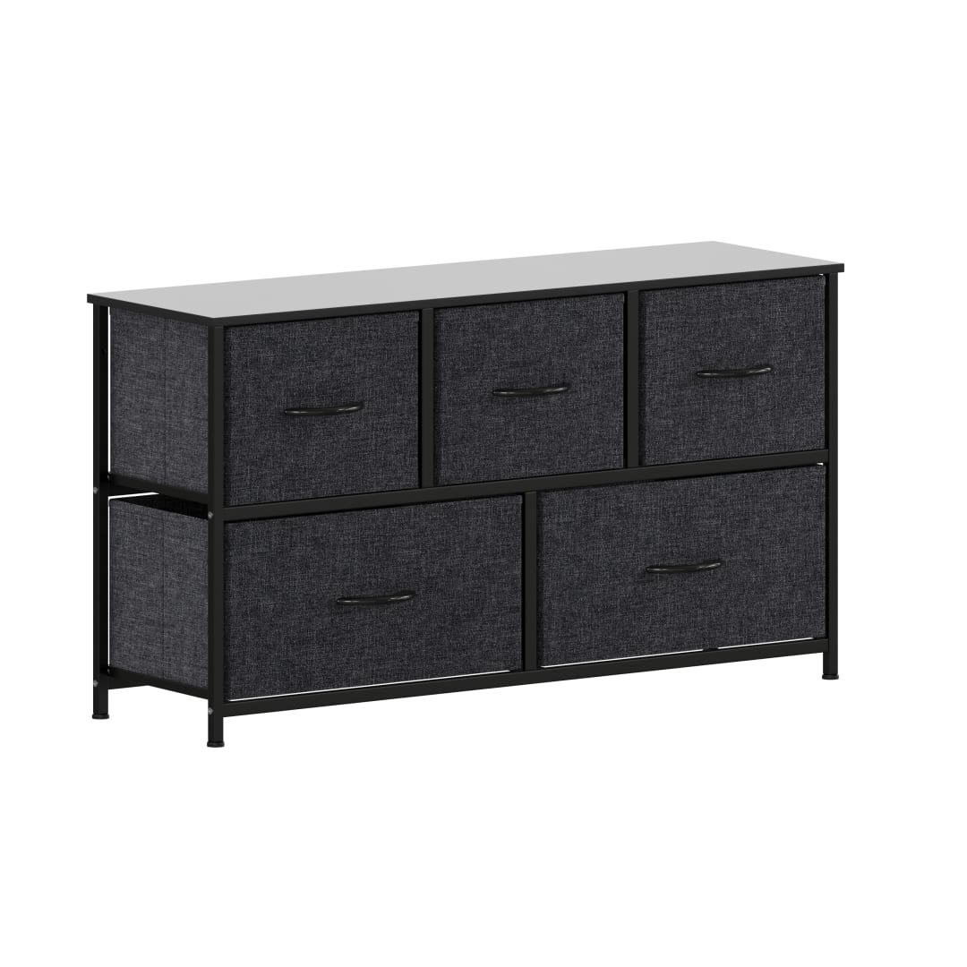 Harris 5 Drawer Vertical Storage Dresser with Black Cast Iron Frame and Wood Top and Black Easy Pull Fabric Drawers with Wooden Handles