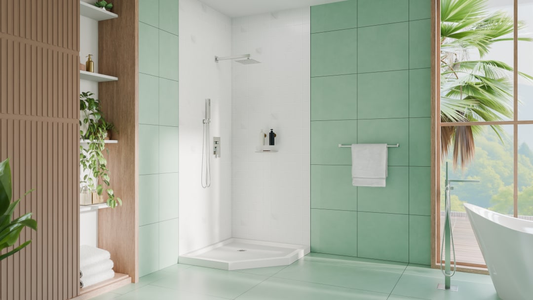 DreamLine SlimLine 36 inch D x 36 inch W x 2 3/4 inch H White Neo-Angle Shower Base with 2 inch Brushed Nickel Corner Round Drain