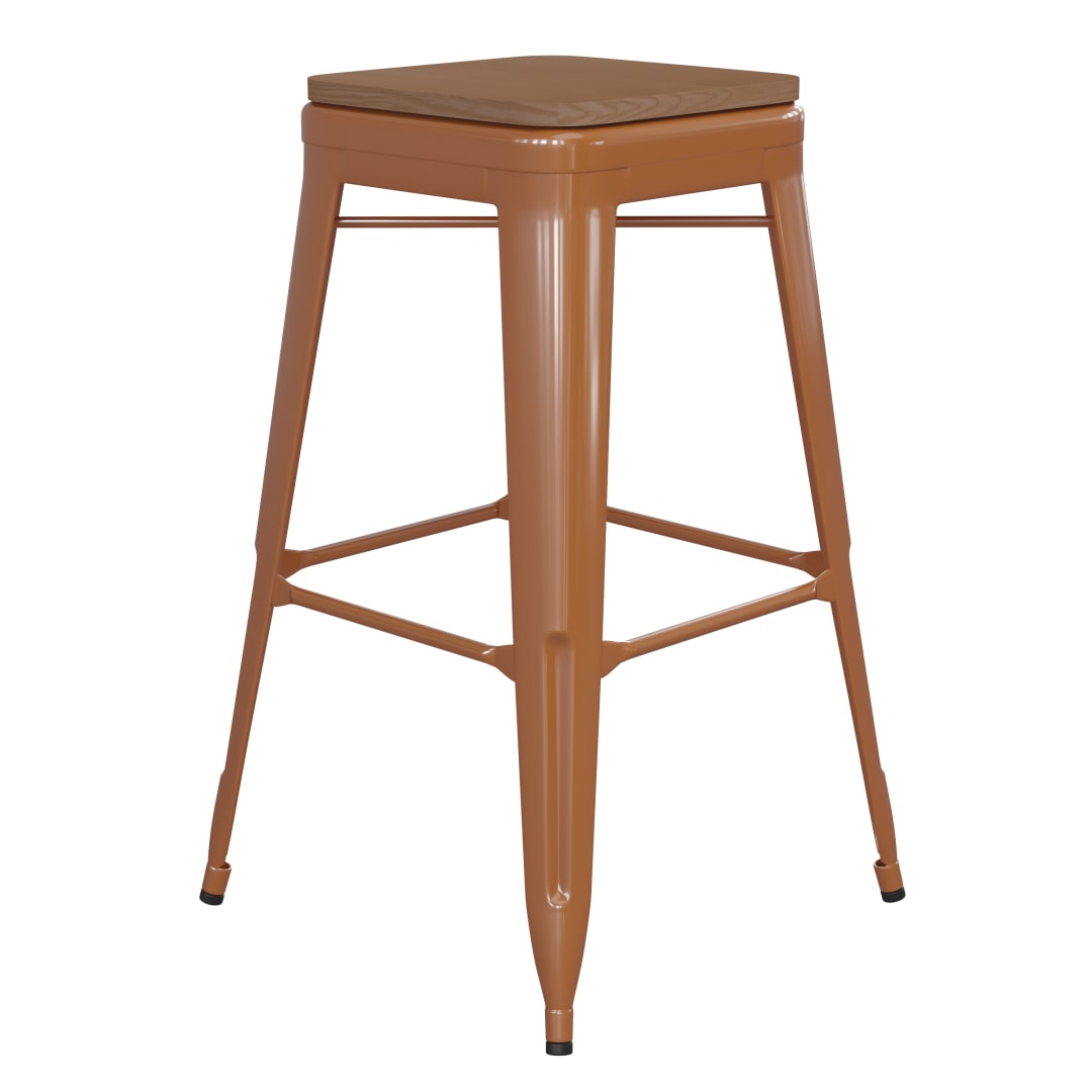 Kai Commercial Grade 30" High Backless Orange Metal Indoor-Outdoor Barstool with Teak Poly Resin Wood Seat