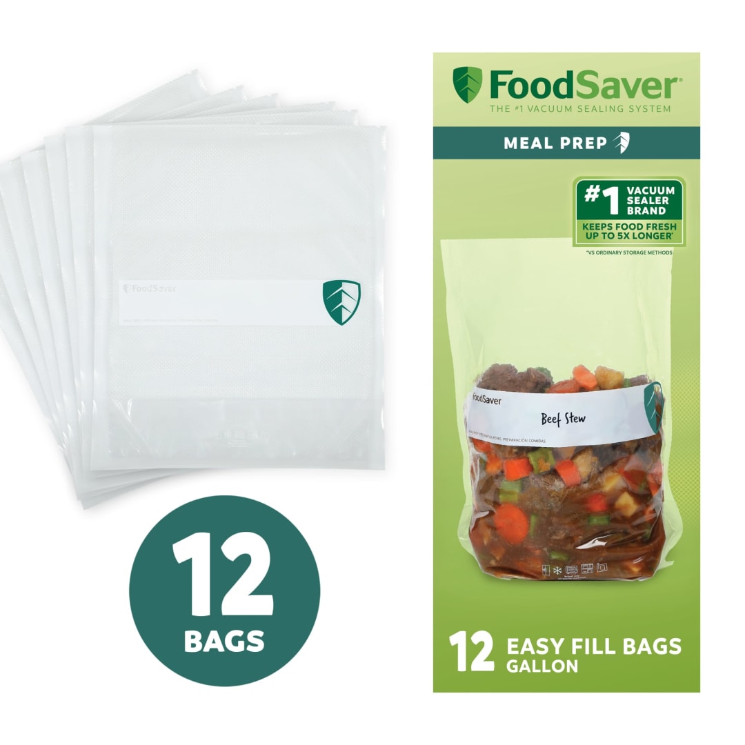 FoodSaver Easy Fill 1-Gallon Vacuum Sealer Bags, 12 Count BPA-Free Bags with Free-Standing Design for Meal Prep, Sous Vide, and Food Storage