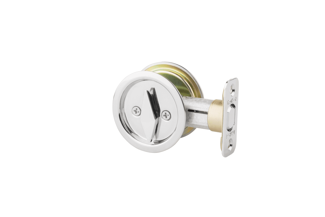 335 Round Bed/Bath Pocket Door Lock in Polished Stainless Steel