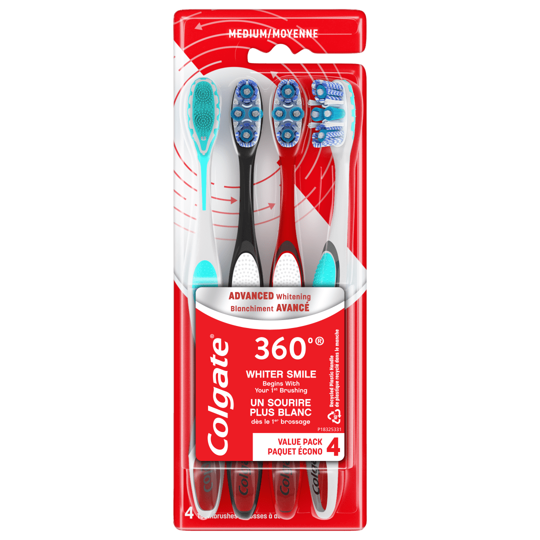 Colgate 360 Advanced Whitening Toothbrush Pack, Medium Adult Toothbrushes, 4 Pack