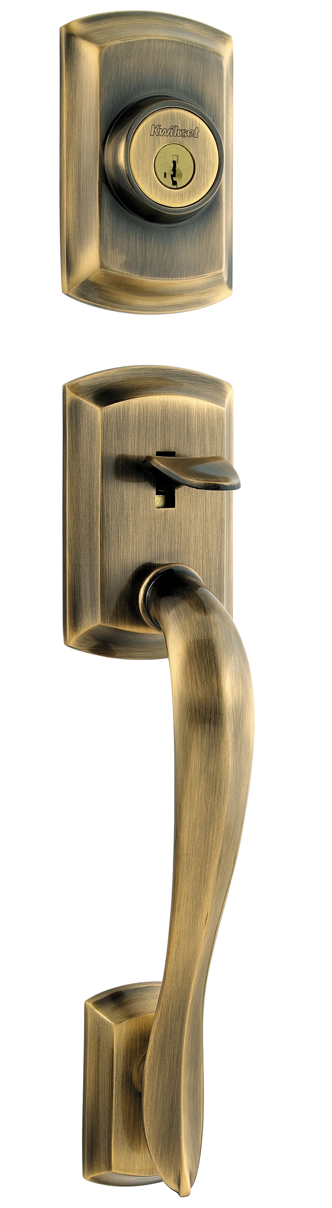 Avalon Single Cylinder Exterior Only Handleset featuring SmartKey Security™ in Antique Brass