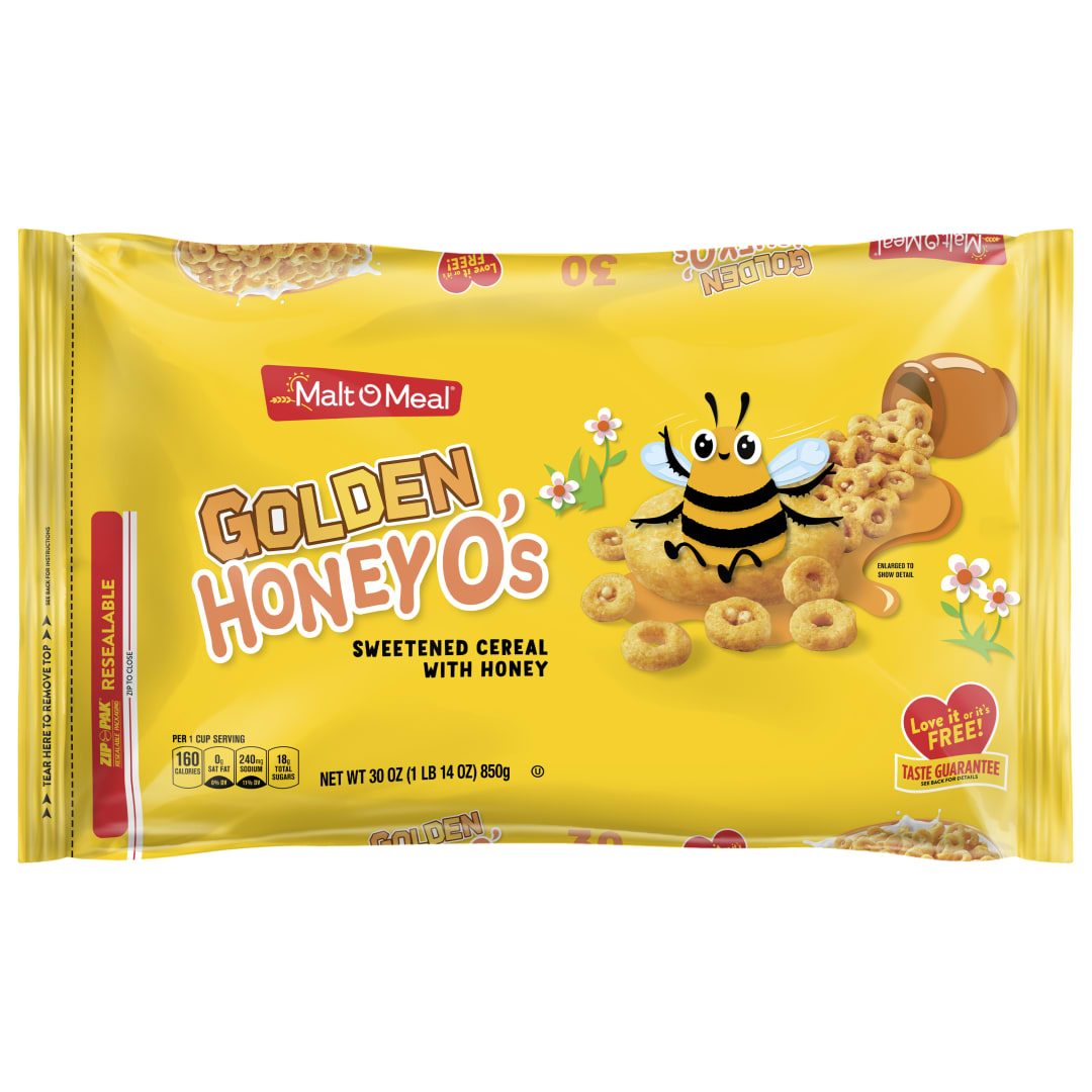 Malt-O-Meal Golden Honey O's Breakfast Cereal, Sweetened Corn, Oats, and Rice, 30 oz Resealable Bag