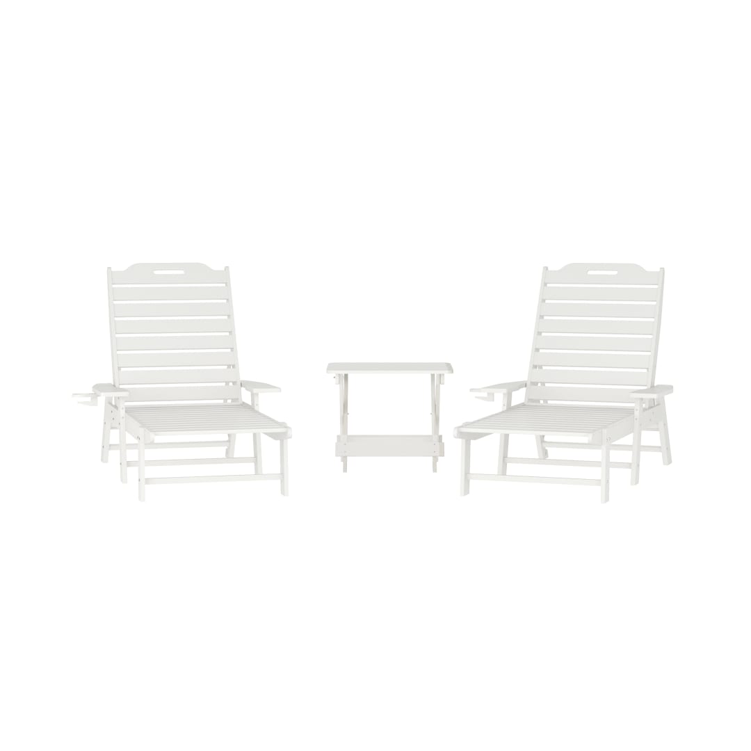 Monterey Commercial Grade 3-Piece Indoor/Outdoor Adirondack Set with 2 Adjustable HDPE Loungers with Cup Holders and Folding Side Table in White