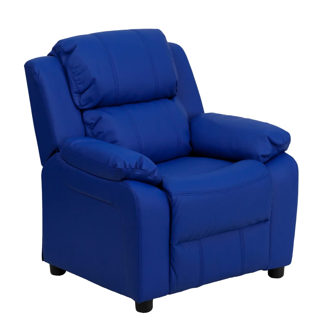 Charlie Deluxe Padded Contemporary Blue Vinyl Kids Recliner with Storage Arms