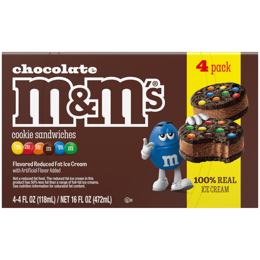 M&M'S Ice Cream Chocolate Cookie Sandwiches, Reduced Fat Chocolate Ice Cream Dessert Cookie Sandwich, 4 Pack, 4 Oz