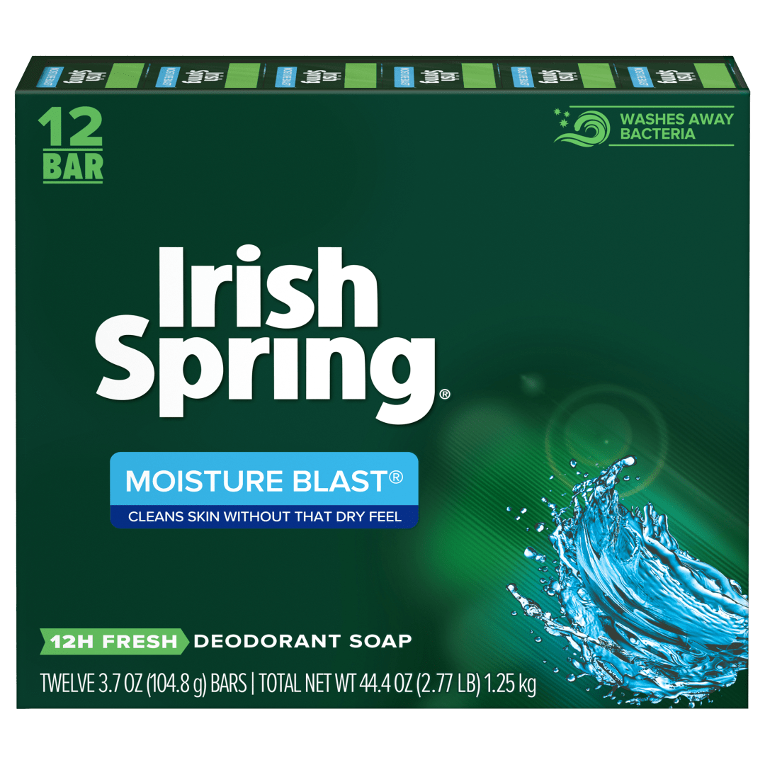 Irish Spring Moisture Blast Moisturizing Bar Soap, Body and Hand Soap Bar Washes Away Bacteria, 3.7 Ounce, 12 Bars