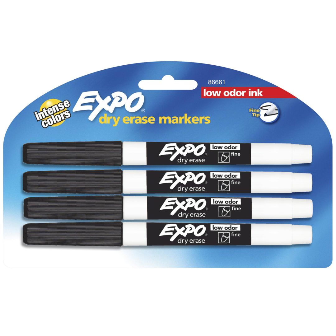 EXPO® Low Odor Dry Erase Markers, Fine Tip, Black, 4 Count