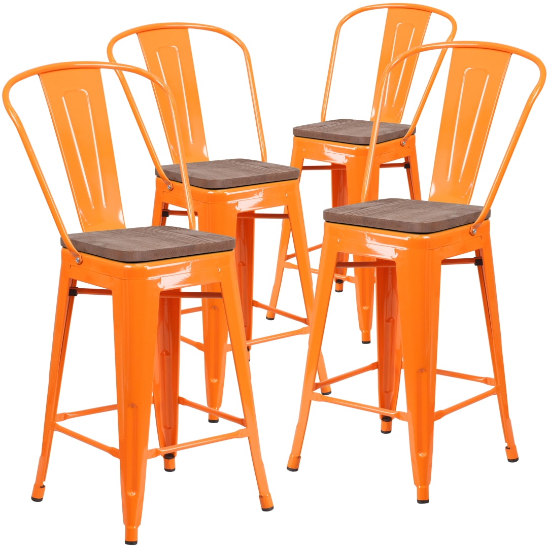 Lily 4 Pk. 24" High Orange Metal Counter Height Stool with Back and Wood Seat