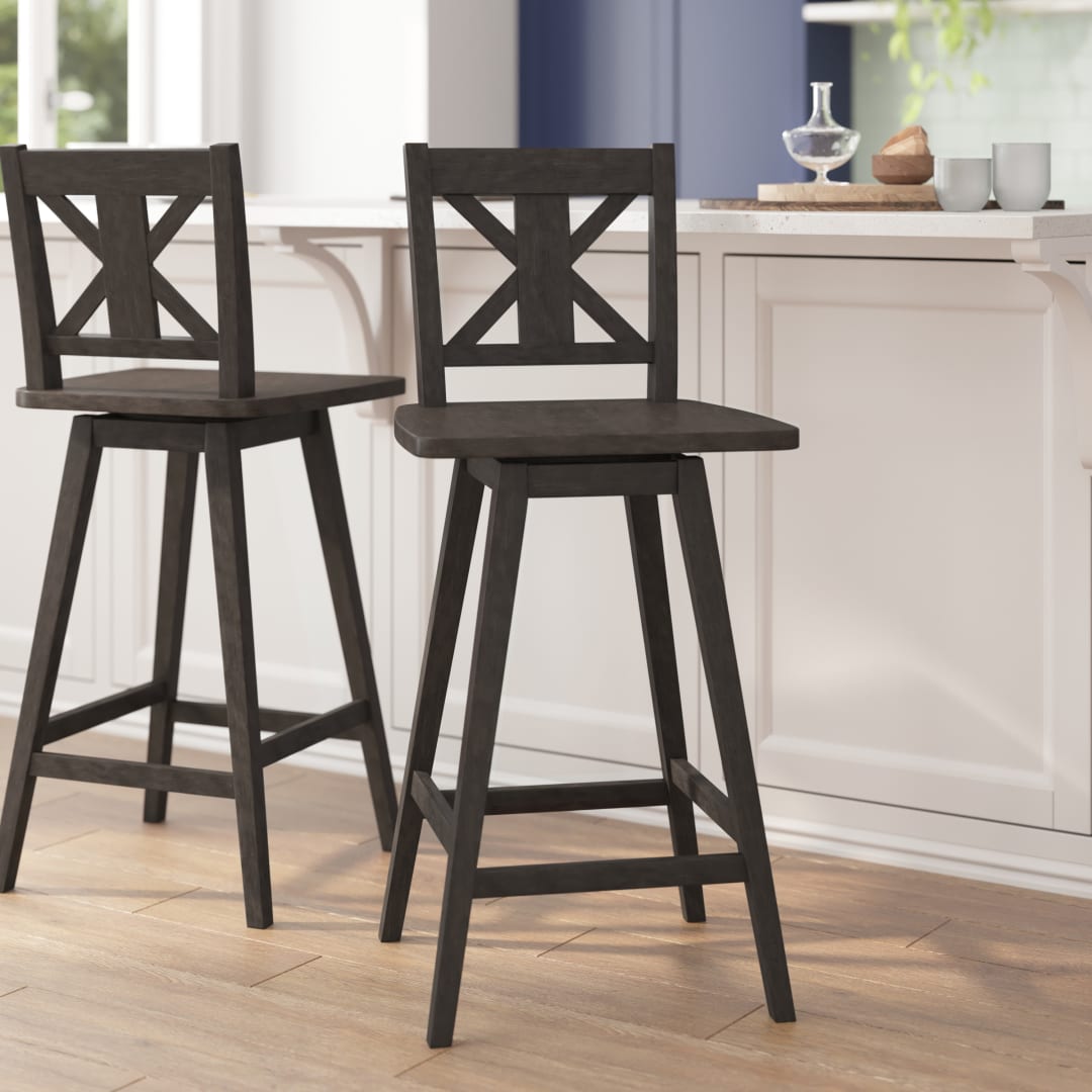 Gwendolyn Commercial Grade Solid Wood Modern Farmhouse Swivel Bar Height Barstool in Gray Wash Walnut
