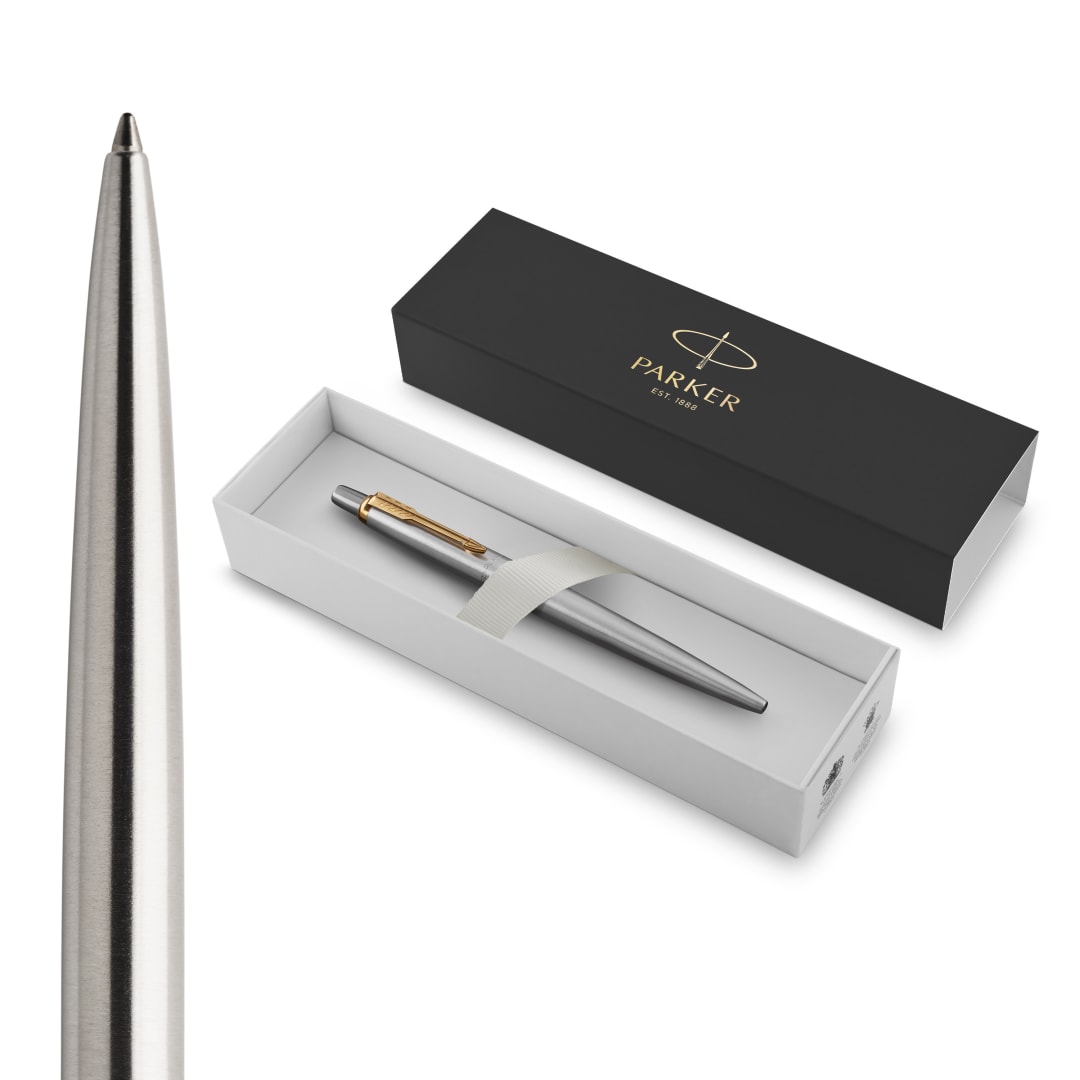 Parker Jotter Bolígrafo, Acero Inoxidable Con Adorno Dorado, Punta Mediana Con Recambio De Tinta Azul, Material Escolar, En Estuche De Regalo