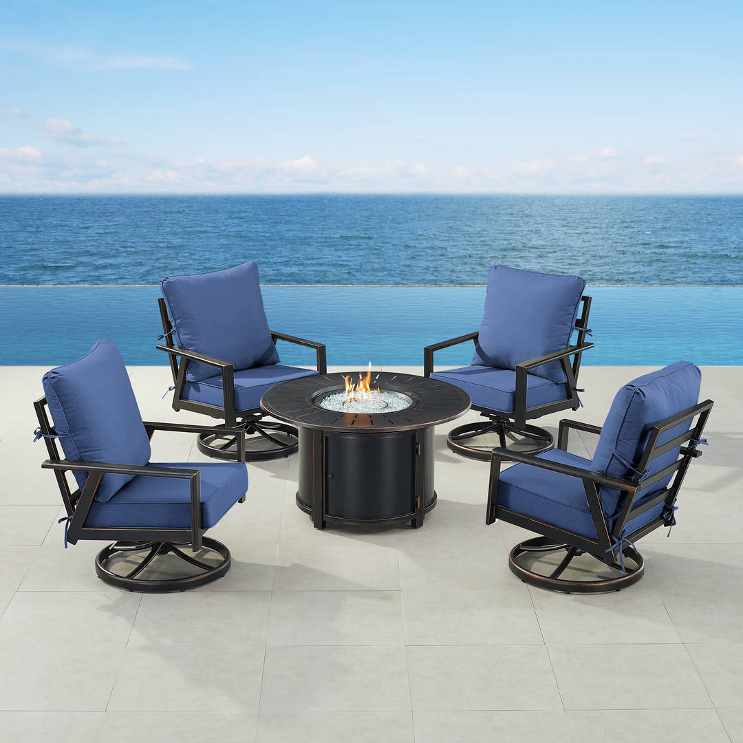 Black Aluminum Patio Fire Table Set with Four Club Chairs