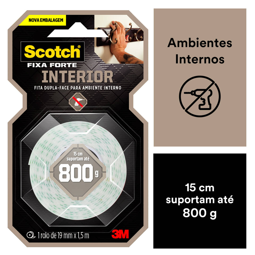 Fita Dupla Face Scotch® Fixa Forte Interiores, Espuma, 19 mm x 1,5 m