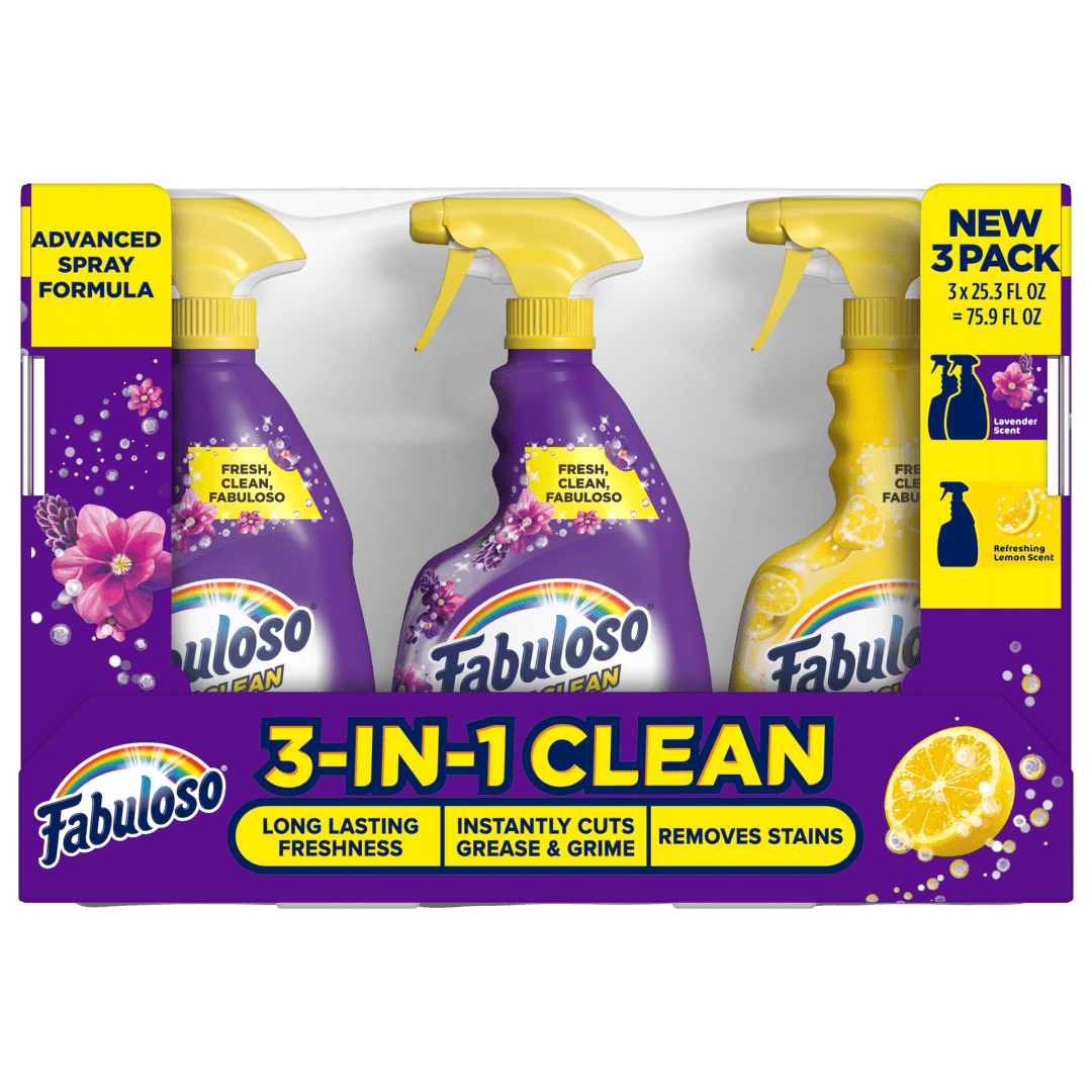 Fabuloso 3-in-1 Clean Spray Variety Pack, Multi-Purpose Cleaner & Degreaser, Long-Lasting Freshness, 2x Lavender + 1x Refreshing Lemon Scent, 3 x 25.3 fl oz Spray Bottles