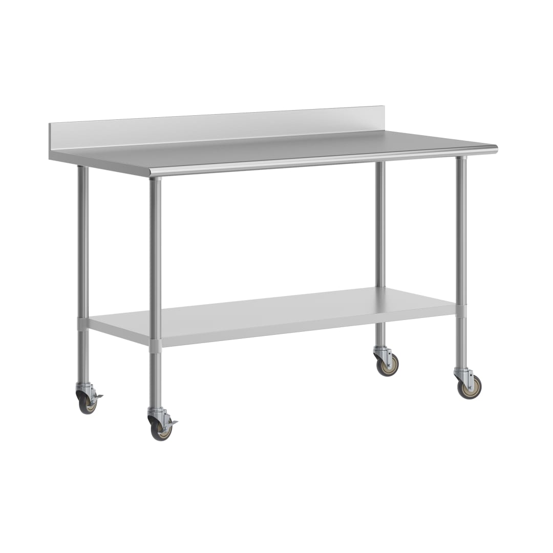 Reese 30" x 60" Prep and Work Table with NSF Certified Stainless Steel Top Shelf, 4" Backsplash, Adjustable Galvanized Steel Undershelf, 4 Casters