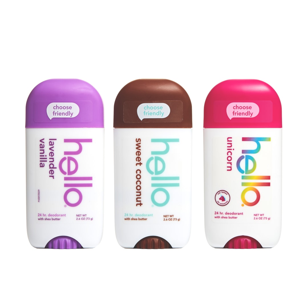 hello Deodorant Variety Pack, Aluminum Free Deodorant for Women and Men with Shea Butter, Lavender Vanilla, Sweet Coconut, Unicorn, Baking Soda Free Deodorant, 3 x 2.6 oz Deodorant Sticks