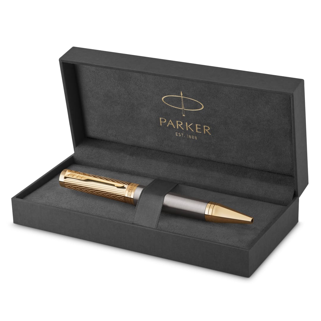 Bolígrafo Parker Ingenuity colección Parker Pioneerslacado gris con capuchón y adornos doradospunta mediatinta negra