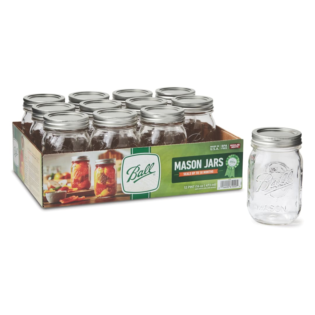 Ball® Regular Mouth Pint 16oz. Glass Mason Jar with Lids and Bands, 12 Count