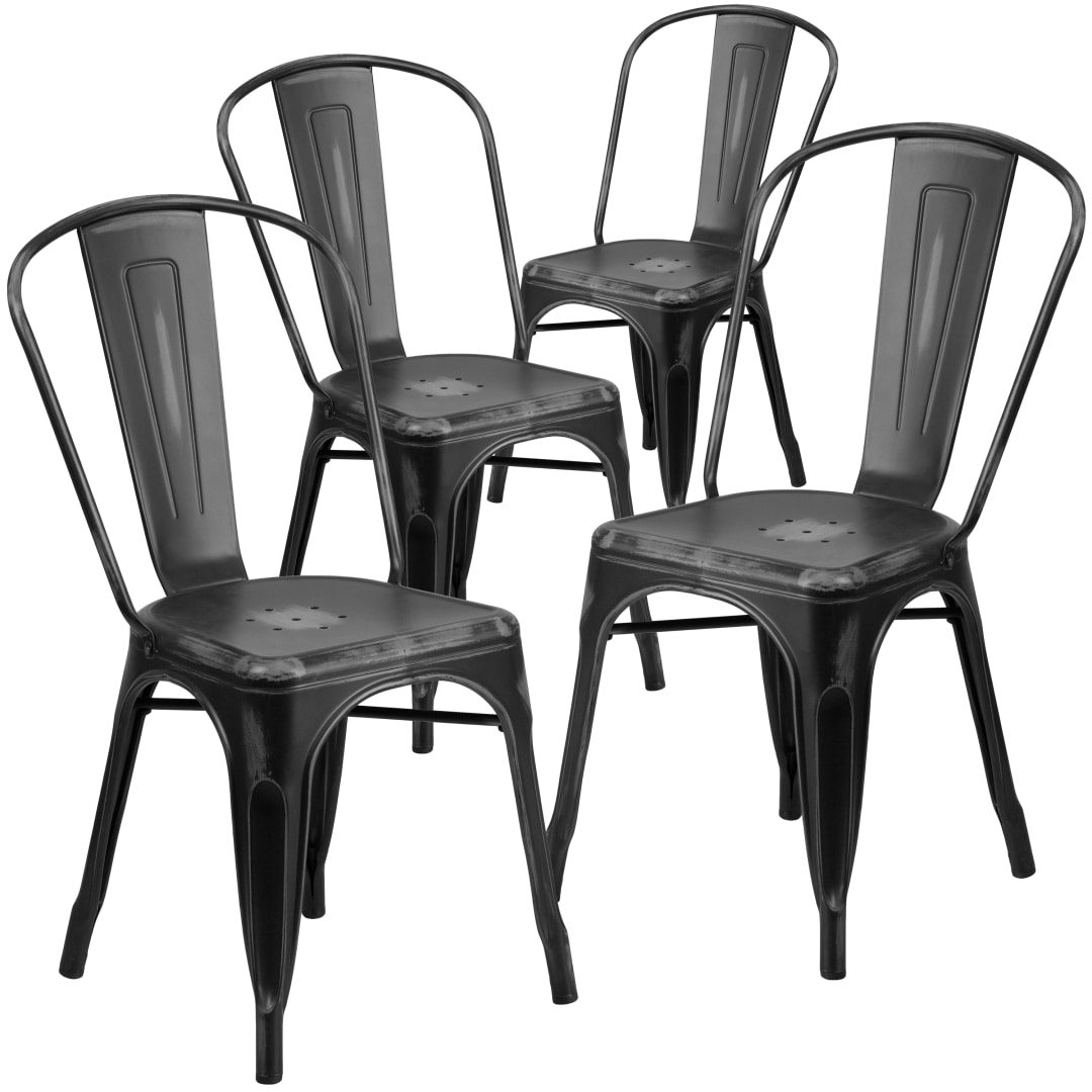 Blake Commercial Grade 4 Pack Distressed Black Metal Indoor-Outdoor Stackable Chair