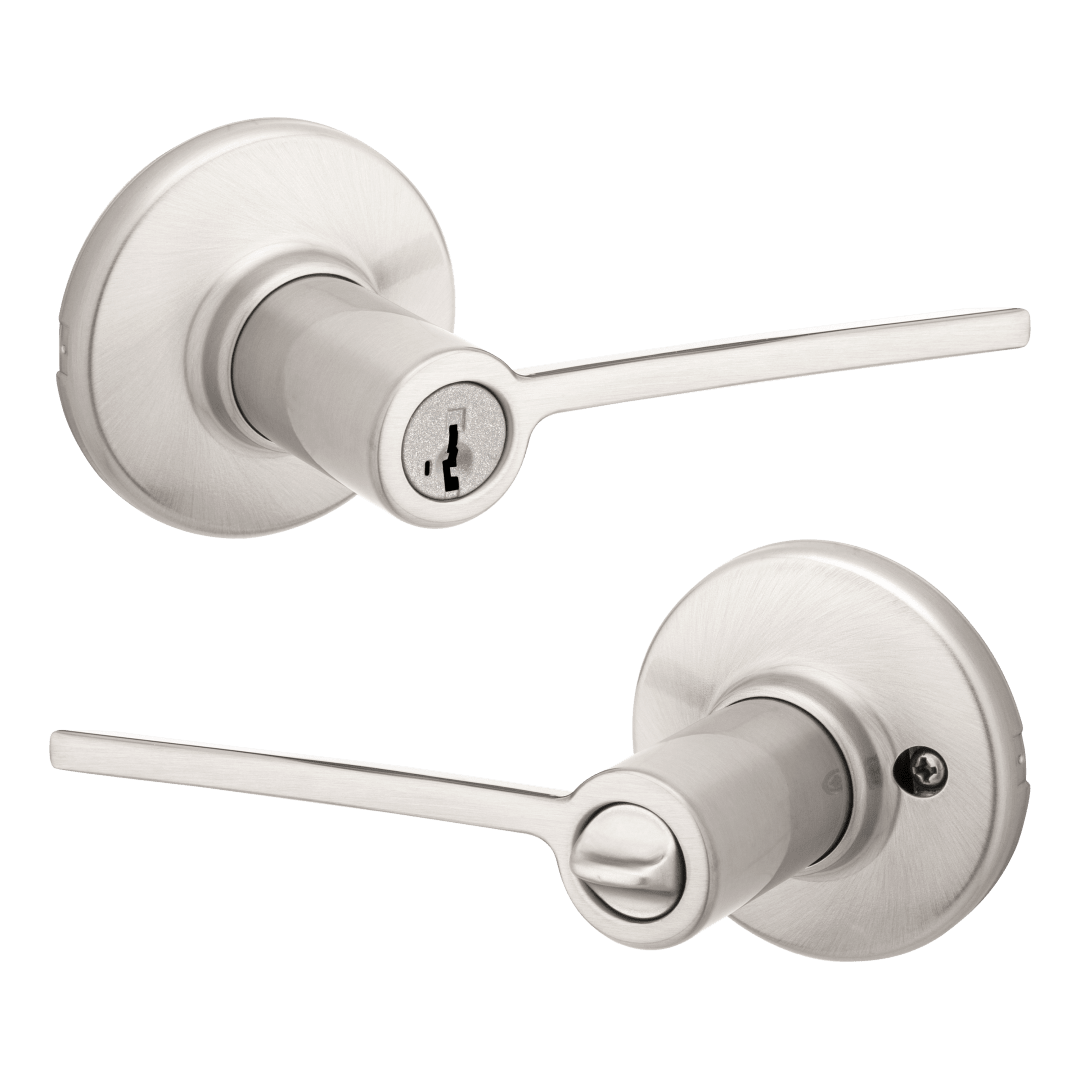 Ladera Keyed Entry Lever in Satin Nickel featuring SmartKey Security