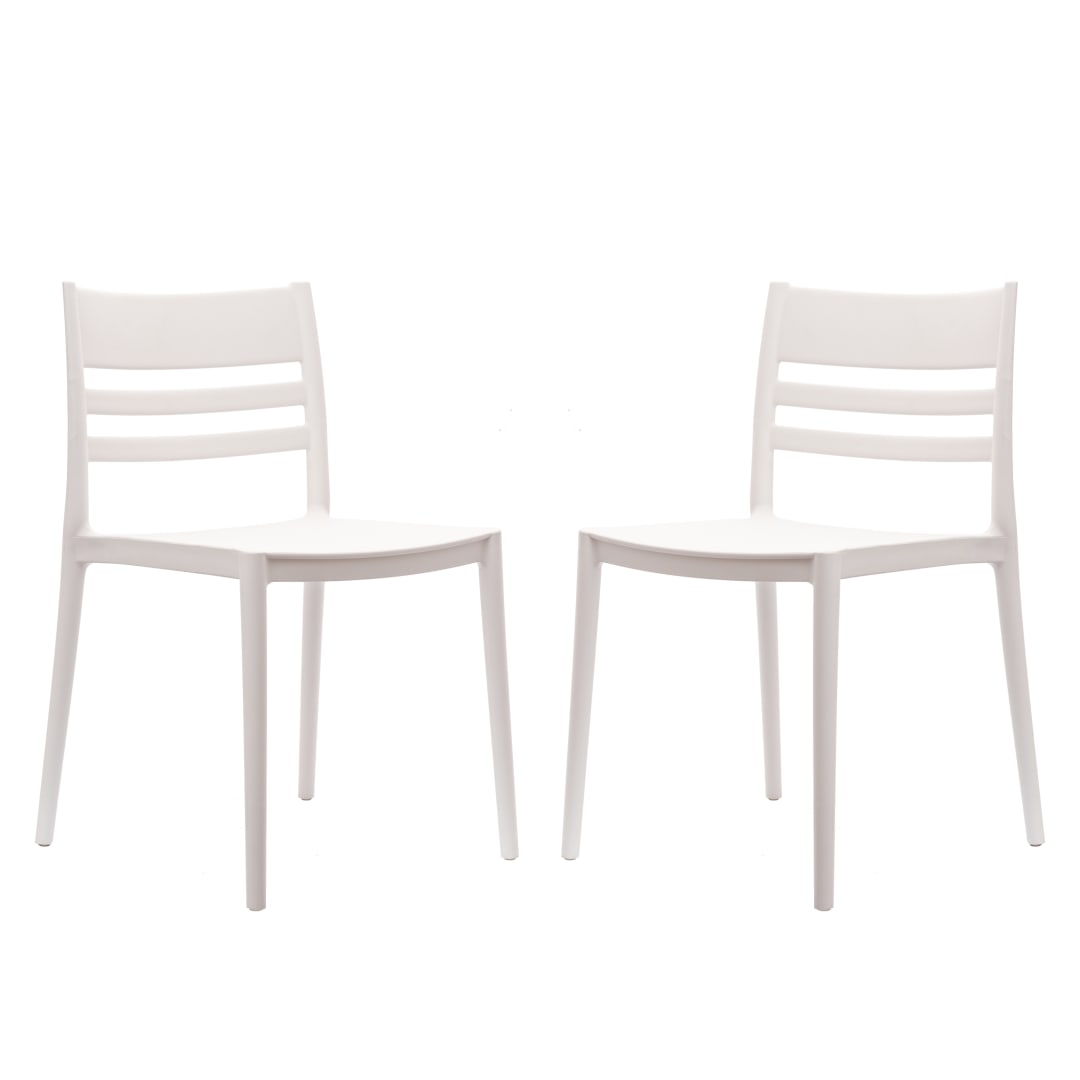 Bridgeport Set of 2 Indoor-Outdoor Stacking Patio Chairs with Slatted Backrest, Commercial All-Weather Resin Chairs in White
