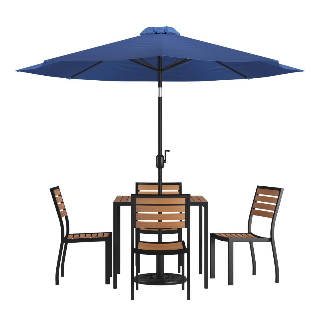 Lark 7 Piece All-Weather Deck or Patio Set-4 Stacking Faux Teak Chairs, 35" Square Faux Teak Table, Navy Umbrella & Base