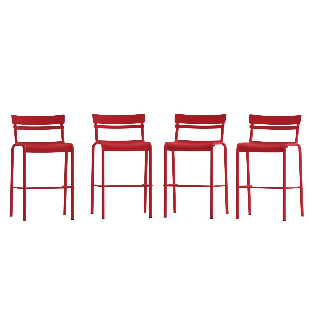 Nash Commercial Grade Red Metal Indoor-Outdoor Bar Height Stool with 2 Slats, Set of 4