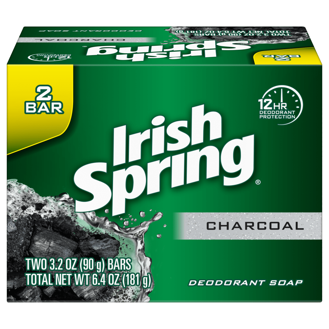 Irish Spring Charcoal Bar Soap, Body and Hand Soap Bar Washes Away Bacteria, 3.2 Ounce, 2 Bars