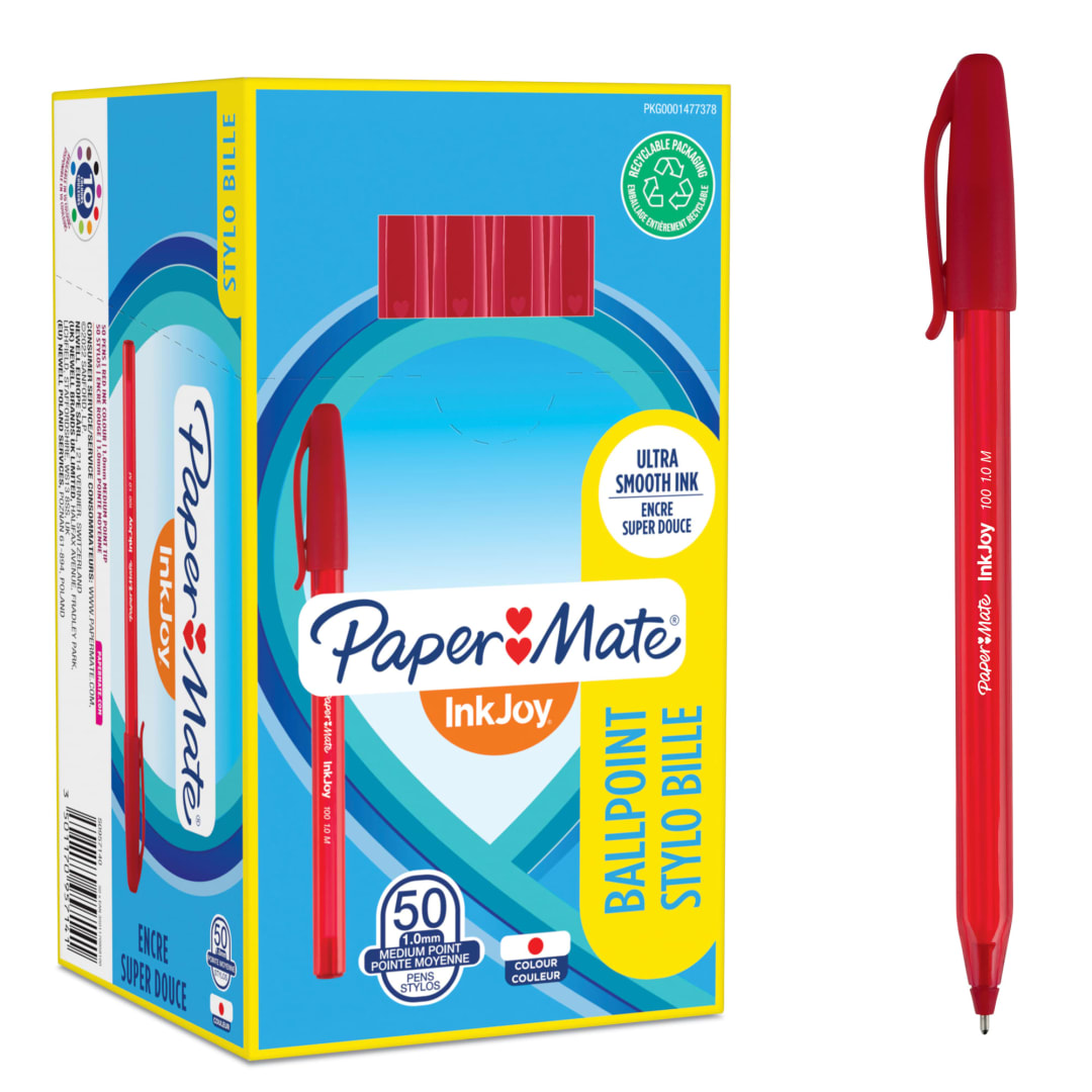 Paper Mate® InkJoy® 100ST Ballpoint Pens, Medium Point, Red, Carton 50