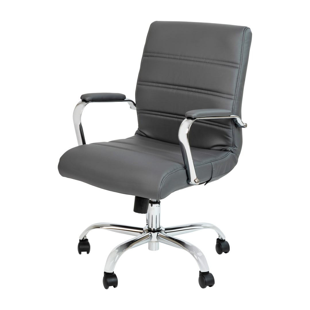 Whitney Mid-Back Gray LeatherSoft Executive Swivel Office Chair with Chrome Frame and Arms