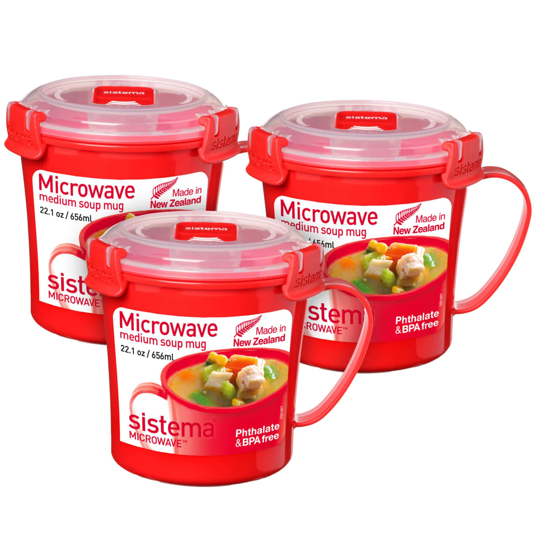 Sistema recipiente para sopa mediano para microondas | Recipiente para alimentos apto para microondas | 656 ml | Sin BPA | Rojo| 3 unidades