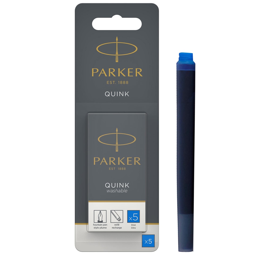 Parker Fountain Pen Ink Refill Cartridges, Long, Washable Blue QUINK Ink, 5 Count