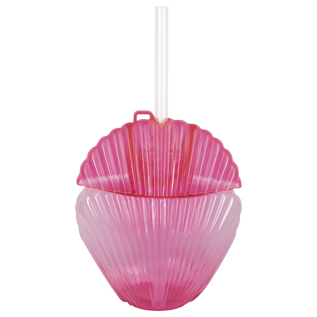 Pink Translucent Seashell Shaped 15oz Reusable Plastic Cup with Straw