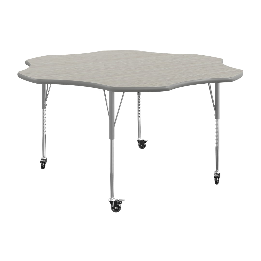 Wren 60" Flower Adjustable Height Activity Table, Thermal Laminate Top, Standard Legs with Locking Casters, Light Gray